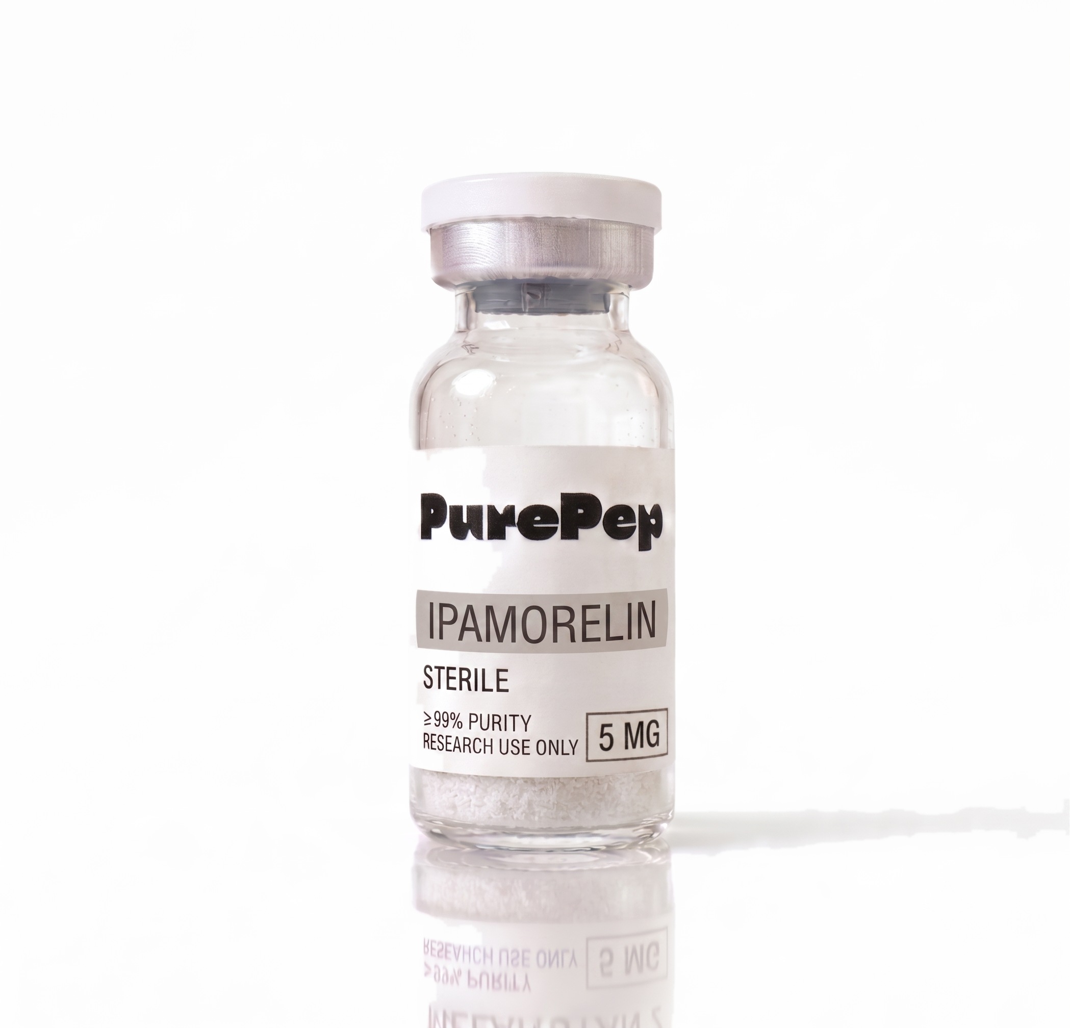 Flacon Ipamorelin PurePep, étiquette verte, pureté HPLC ≥98%