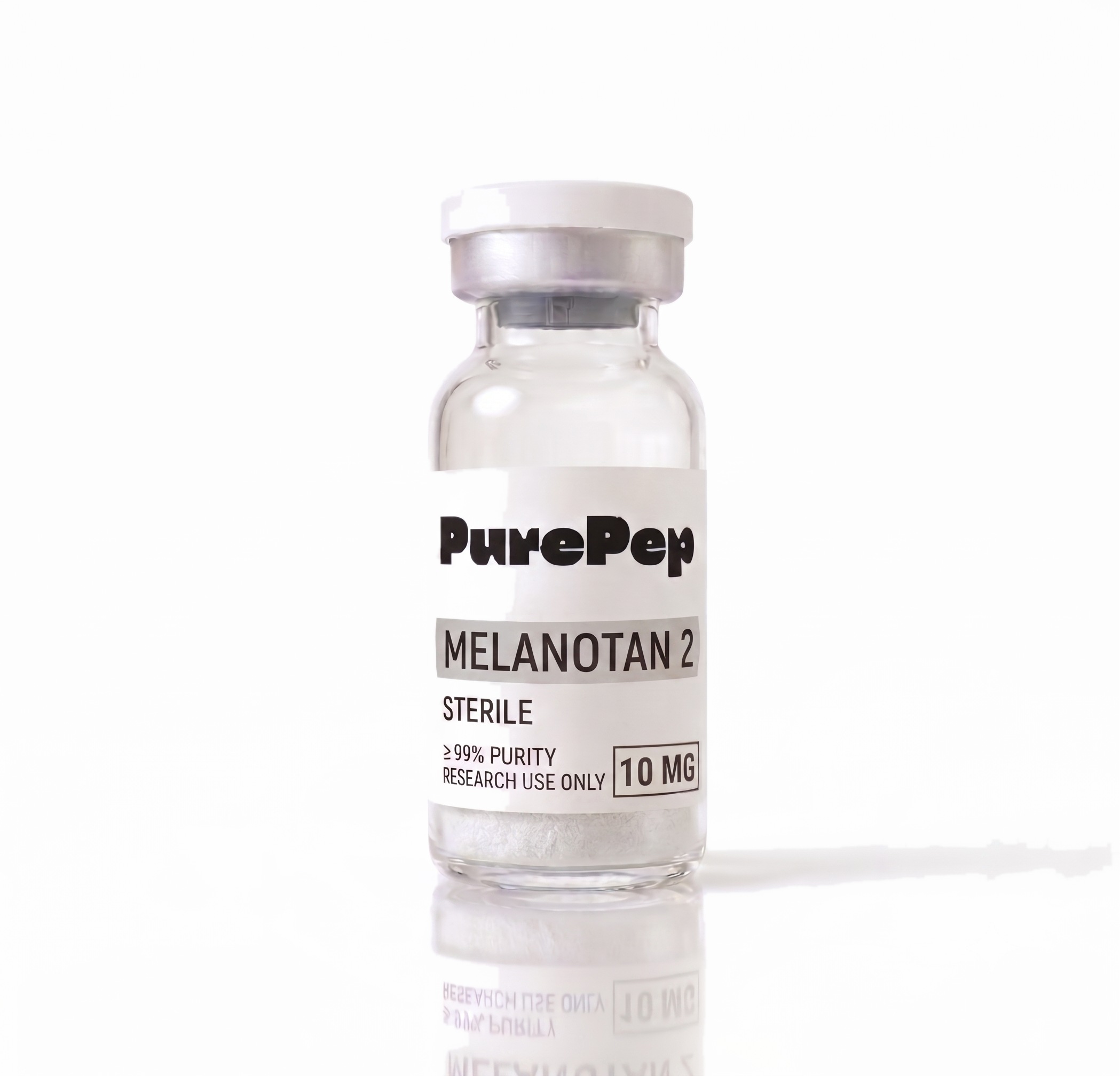 Flacon Melanotan 2 10mg PurePep, étiquette verte, pureté HPLC ≥98%
