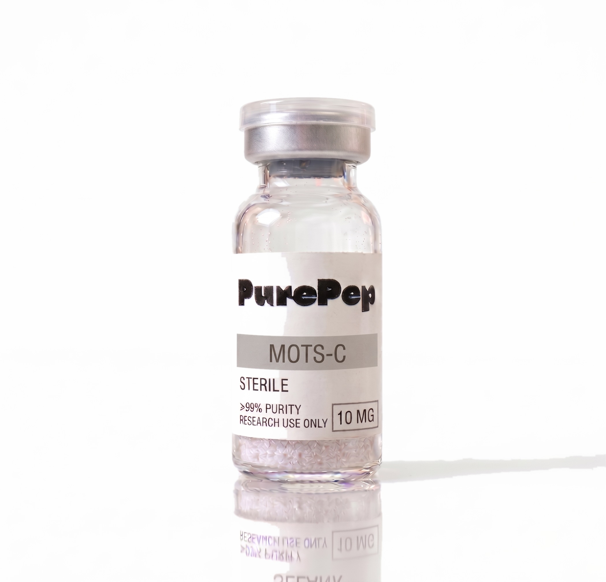 Flacon MOTS-c 10mg PurePep, étiquette verte, pureté HPLC ≥98%