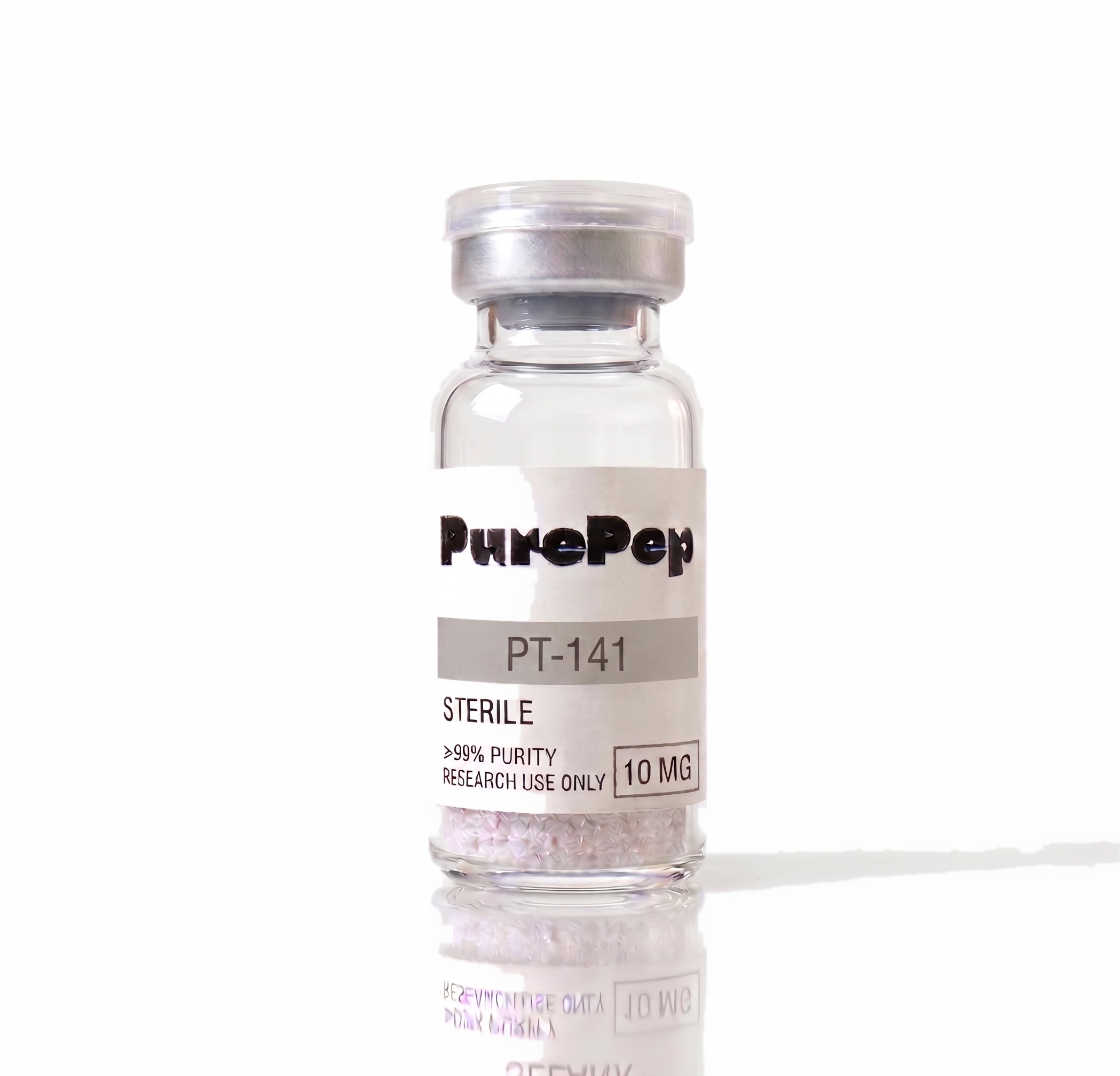 Flacon PT-141 10mg PurePep, étiquette verte, pureté HPLC ≥98%