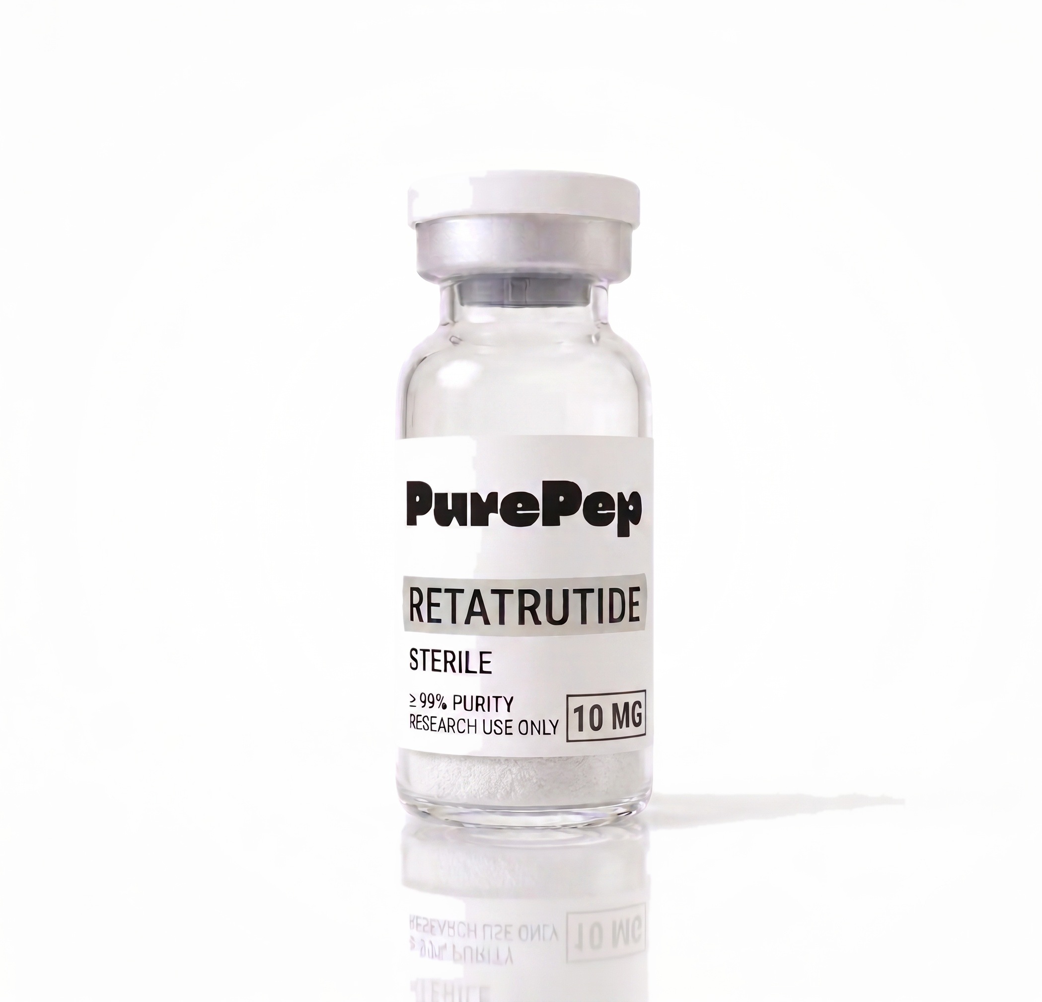 Flacon Retatrutide PurePep, étiquette verte, pureté HPLC ≥98%