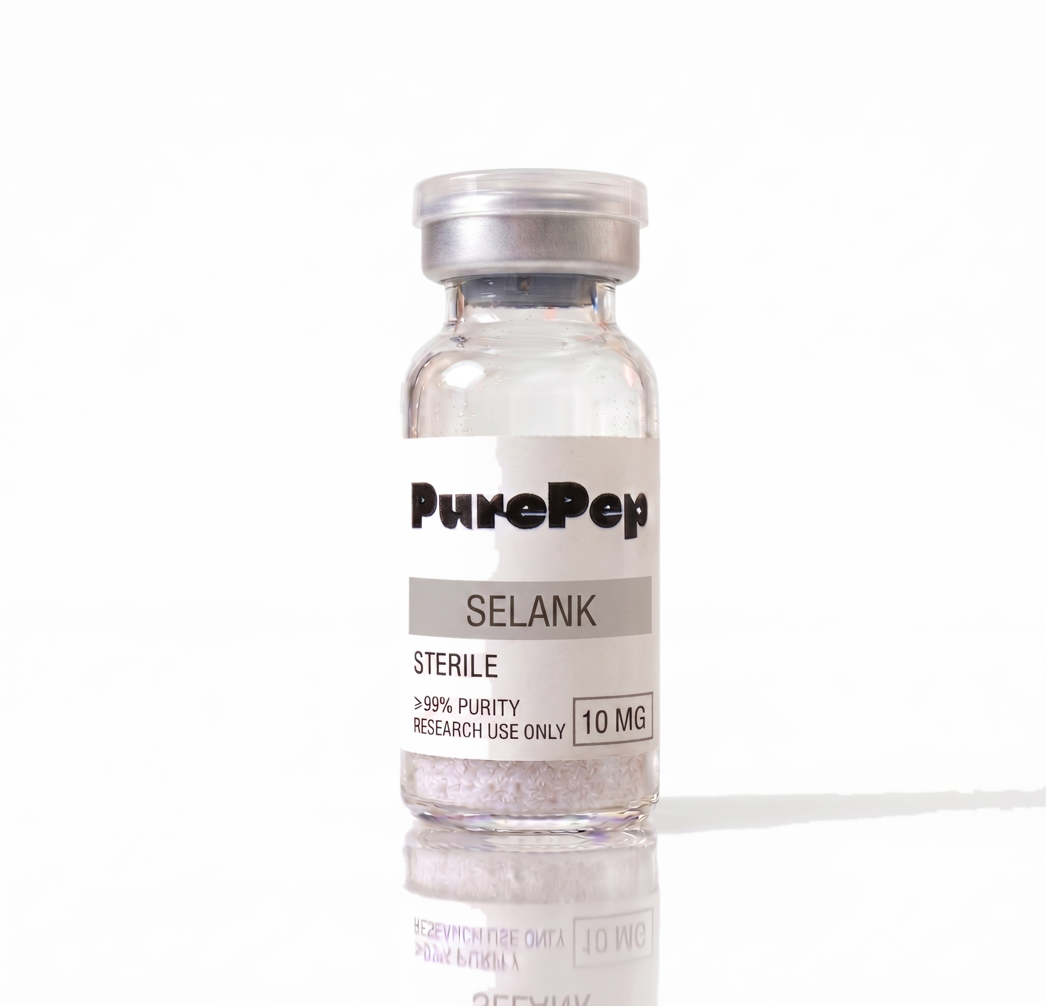 Flacon Selank 10mg PurePep, étiquette verte, pureté HPLC ≥98%
